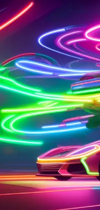 This phone live wallpaper showcases a vibrant red sports car with neon lights set against rainbow neon strips and a race track background
