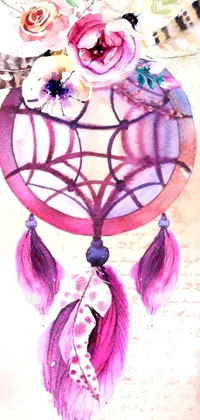 This phone live wallpaper features a watercolor painting of a dream catcher with feathers in a pastel pink color scheme