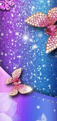 This beautiful phone live wallpaper features a purple and blue background adorned with diamonds and crystals in the style of renowned jewelry maker Van Cleef & Arpels