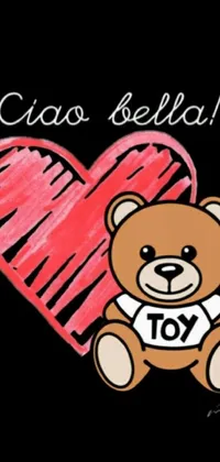 This live phone wallpaper features a charming teddy bear positioned in front of a heart album cover in the toyism style