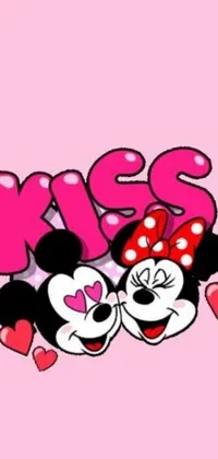 Introducing an adorable live Minnie Mouse couple wallpaper that adds a touch of elegance to your phone! Enjoy the magic of love with two cute Minnie Mouses that share a lovely kiss, surrounded by red lip prints, high heel shoes, and glamorous outfits for a perfect feminine vibe