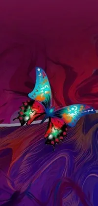 This phone live wallpaper features a colorful butterfly perched on a bed in a stunning psychedelic art background