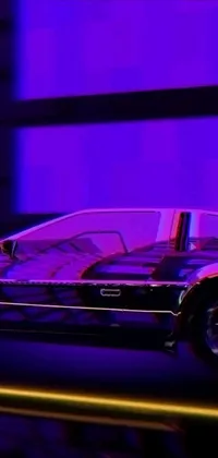 This phone live wallpaper showcases a cyberpunk-inspired art style featuring a close-up of a Delorean car driving on a city street