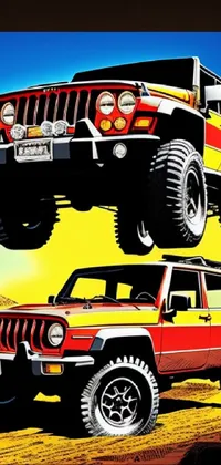 This phone live wallpaper features two off-road jeeps stacked on top of each other in a desert setting, designed in a vector art style with a red and yellow color scheme