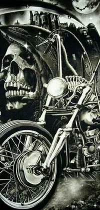 Looking for a spooky live wallpaper for your phone? Check out this detailed black and white drawing of a skeleton on a motorcycle