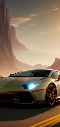 Looking for an incredible live wallpaper that will enliven your phone's screen? Check out this stunning 3D render of a white and orange sports car driving through a canyon at sunset