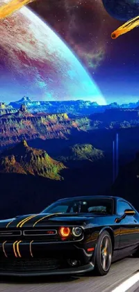 This phone live wallpaper features a black sports car driving down a road against a galaxy backdrop