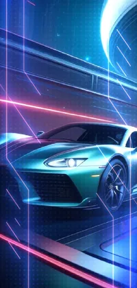 This high-resolution live wallpaper features a green sports car racing through a futuristic tunnel