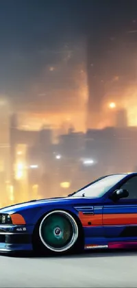 This live wallpaper showcases a striking sports car in red and blue on a city street, rendered in 4K resolution with a dynamic drifting motion as it rounds a corner