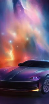 This phone live wallpaper showcases a purple sports car in front of a galaxy background, with digital art and high contrast graphics