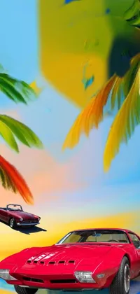 This phone live wallpaper displays a beautiful oil painting of two palm trees at a serene beach