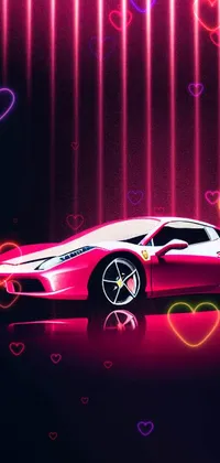 Looking for an energetic live phone wallpaper? Check out this vector art image of a red Ferrari 458 sports car, set against a reflective surface and illuminated by pink lighting