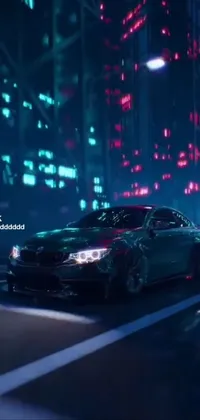 Looking for a stunning live wallpaper for your phone? Check out this amazing scene of a luxury car driving down a city street at night! This live wallpaper features a sleek black BMW M5 wagon with shining headlights, zooming down the road while casting a shimmering glow on the buildings