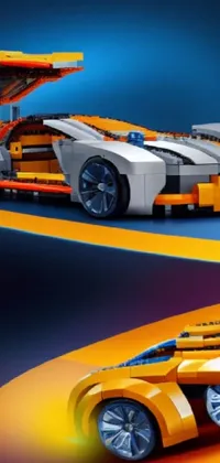A captivating live wallpaper featuring an orange and blue Lego car design reminiscent of the Bugatti Chiron