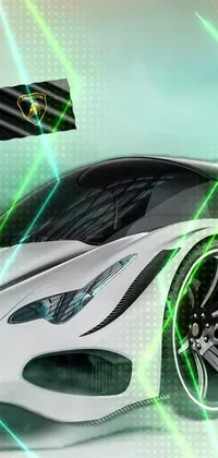 This phone live wallpaper features a white sports car situated on top of a snow-covered background