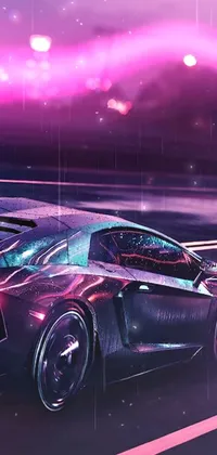 This cyberpunk live wallpaper features a black sports car driving through a futuristic cityscape at night
