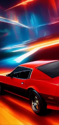 Get your phone looking red hot with this live wallpaper featuring a sports car driving through a city at night