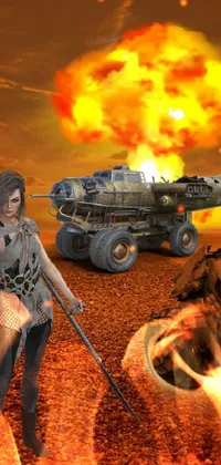 Looking for a captivating phone live wallpaper? Check out this unique digital art featuring a woman standing beside a motorcycle in a desert, surrounded by a massive nuclear explosion! This high-quality fantasy stock photo is perfect for those who love sci-fi and post-apocalyptic themes