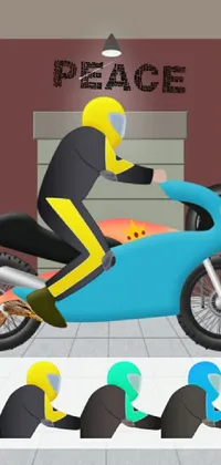 This live wallpaper features a dynamic scene of a motorcycle rider in a room depicted in colorful, vector art