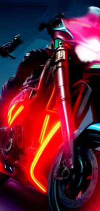 This phone live wallpaper showcases a striking red motorcycle with a man riding on the back