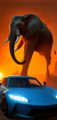 Experience an enchanting live wallpaper on your phone with an unexpected twist! This remarkable image is a visual delight, depicting a majestic elephant standing on a sleek blue sports car set against the background of a lush savanna cast in a warm golden glow