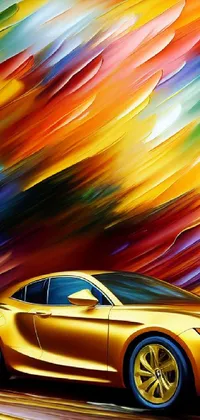 This phone live wallpaper features an airbrushed painting of a yellow sports car driving down a winding road