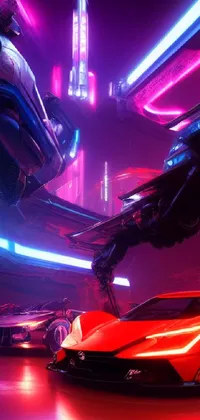 This phone live wallpaper features a futuristic car in a cyberpunk-inspired city filled with neon lights and red accents