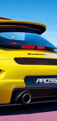 This phone live wallpaper features a stunning 3D render of a yellow sports car, specifically inspired by the Porsche RSR