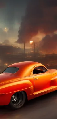 This retrofuturistic phone live wallpaper features an orange muscle car driving down a dimly-lit street at night, complete with a textured airbrush render