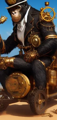 This phone live wallpaper showcases a majestic gorilla sitting on a customized steampunk motorcycle against a backdrop of sandy beach