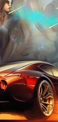 This stunning live wallpaper features a vibrant airbrush painting of a woman sitting atop a sleek red sports car