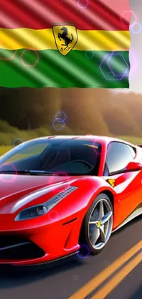 This lively and energetic phone live wallpaper features a sleek red sports car zooming down a winding road against a vibrant flag backdrop