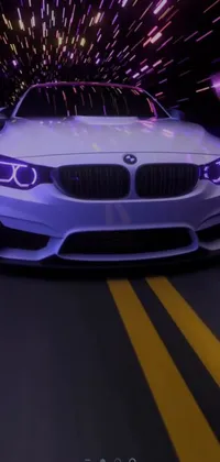 This live phone wallpaper showcases a stunning 3D render of a sleek white car driving down a highway at night