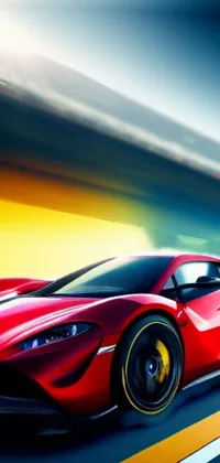 This live wallpaper showcases a crimson sports car driving on a curvy highway, infused with high-tech digital graphics and synthetism