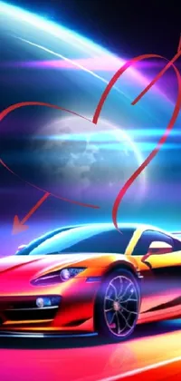 This vibrant phone wallpaper showcases a red sports car, speeding through the night with a full moon in the background