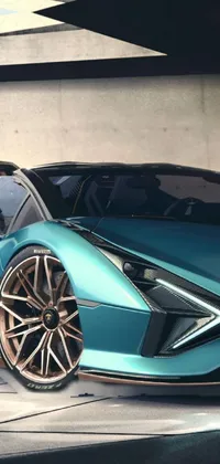 This stunning phone live wallpaper features a gorgeous blue sports car parked in front of a sleek modern building