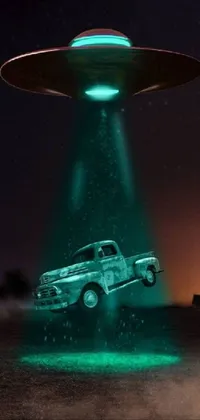 This live wallpaper showcases a retrofuturistic scene of an alien flying over a green pickup truck