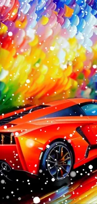 This is an impressive phone wallpaper showcasing a red sports car painted in a trendy airbrush style, set against a colorful background