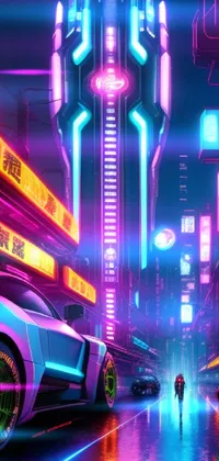 This phone wallpaper is a stunning depiction of a futuristic neon-lit city at night