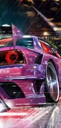 Looking for a stunning phone wallpaper? Check out this cyberpunk art featuring a muscle car parked on a nighttime street adorned with street art and graffiti