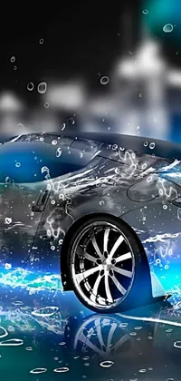 This live phone wallpaper features a sleek, modern Aston Martin car floating in the water with a city skyline in the background