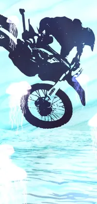 This phone live wallpaper showcases a motorcyclist soaring through the air in vector art style