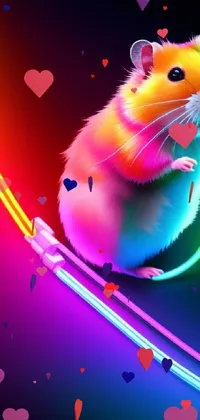 This phone live wallpaper features a cute mouse sitting on colorful wires with rainbow neon ink in the background