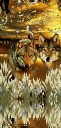 This live phone wallpaper features two wolves standing in a grassy field, watching a gorgeous sunset
