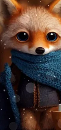 This phone live wallpaper features an adorable and fully dressed fox snuggled up next to a cup of hot cocoa