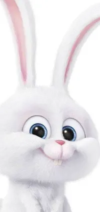 This phone live wallpaper showcases a close up of a white rabbit with striking blue eyes in action, created by a renowned animation company
