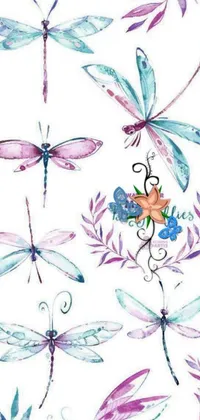 This live wallpaper showcases a beautiful watercolor design featuring dragonflies arranged in an art nouveau fashion on a white background