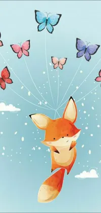 This live phone wallpaper features a cute cartoon fox and a flock of colorful butterflies, evoking a sense of charm and whimsy