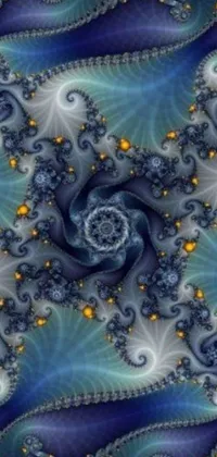 This phone live wallpaper features a mesmerizing pattern of blue and yellow swirls in a computer-generated design, inspired by the fascinating world of fractals