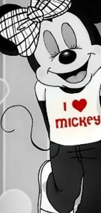 This live wallpaper features a cute cartoon Mickey Mouse sporting a "I love Mickey" t-shirt and a big smile on his face